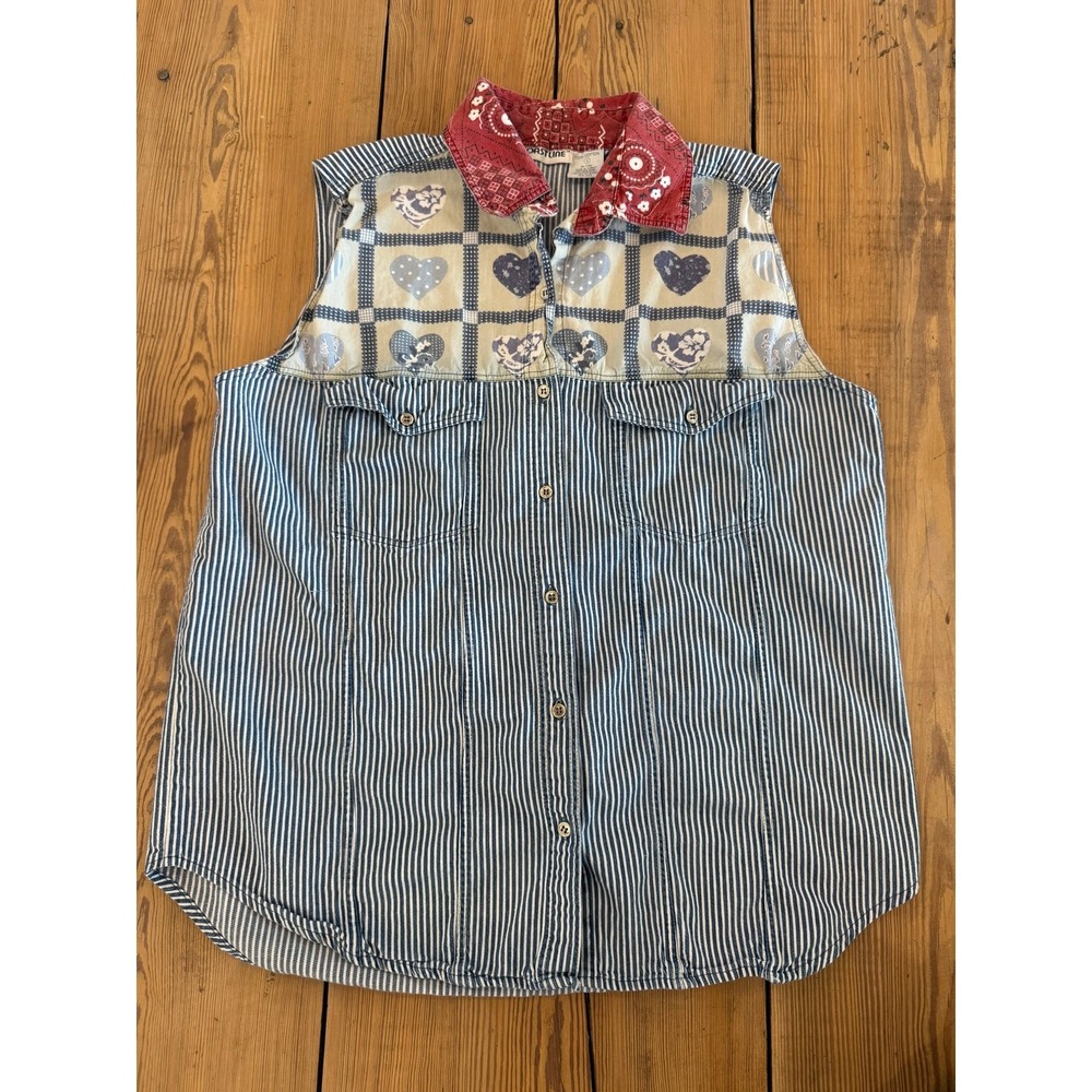 Vintage Coastline Sleeveless‎ Button Up Western Coastal Grandma Large Cotton